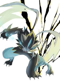 animal_ears animal_nose black_fur blue_eyes blue_fur body_fur cat claws electricity fangs furry gen_7_pokemon highres horns legendary_pokemon mega_pokemon mega_zeraora mythical_pokemon nintendo open_mouth pokemon pokemon_(creature) single_horn spikes srseyo_o two-tone_fur v-shaped_eyes whiskers yellow_trim zeraora