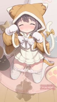 1girl animal_ear_headwear animal_ears animal_hands artist_name black_hair blush bow capelet cat_paws cat_tail cloneko_(zelmeledf2) closed_eyes closed_mouth commentary_request commission dress facing_viewer fake_animal_ears fang fang_out female_focus full_body fur-trimmed_dress fur-trimmed_hood fur_trim gloves highres hood hood_up hooded_capelet indoors kneeling loli long_sleeves orange_capelet orange_shoes original panties pantyhose paw_gloves paw_pose pee pee_stain peeing peeing_self puddle puffy_long_sleeves puffy_sleeves shoes skeb_commission solo stained_panties tail tail_bow tail_ornament tearing_up tears underwear variant_set white_dress white_panties white_pantyhose yellow_bow