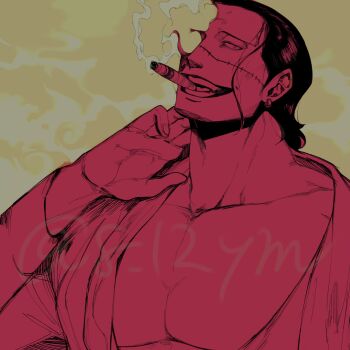 1boy 1natsu_(8_12ym) adam's_apple bara cigar crocodile_(one_piece) earrings highres jewelry large_pectorals looking_at_viewer male_focus mature_male monochrome mouth_hold one_piece pectorals short_hair signature smoking solo stitched_face stitches teeth_hold thick_neck upper_body