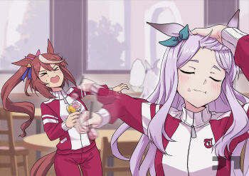 Rule 34 | > <, 3girls, absurdres, ahoge, animal ears, aqua bow, blush, bow, brown hair, closed eyes, closed mouth, commentary request, ear bow, ear ribbon, food, food theft, fork, glutton, grey hair, hair between eyes, hand on own head, high ponytail, highres, holding, holding food, holding fork, horse ears, horse girl, horse tail, jacket, jtleeklm, long hair, long sleeves, mejiro mcqueen (umamusume), multicolored hair, multiple girls, oguri cap (umamusume), open mouth, pants, ponytail, purple hair, red jacket, red pants, red track suit, rice, streaked hair, tail, tokai teio (umamusume), tracen training uniform, track jacket, track pants, track suit, two-tone hair, umamusume, white hair