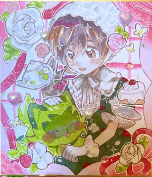1boy :d absurdres beads blush bonnet brown_eyes brown_hair commentary_request crossdressing crossdressing_(mtf) dress florian_(pokemon) flower food gloves green_dress happy hei_tai_(kyaputen1) highres looking_down male_focus neck_ribbon nintendo open_mouth petting pokemon pokemon_(creature) pokemon_sv ribbon short_hair smile sparkle sprigatito teapot traditional_media white_gloves