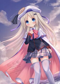 Rule 34 | 1girl, beret, black shirt, blue eyes, blush, bow, bowtie, cloak, closed mouth, commentary request, floating hair, hat, highres, kud wafter, kudpoid (71139), little busters!, little busters! school uniform, long hair, looking at viewer, miniskirt, noumi kudryavka, pink bow, pink bowtie, plaid clothes, plaid skirt, pleated skirt, school uniform, shirt, skirt, solo, thighhighs, white cloak, white hat, white thighhighs
