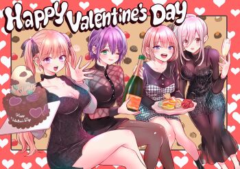 Rule 34 | 4girls, amano erika, black dress, bottle, brown eyes, brown hair, brown pantyhose, cake, champagne flute, chocolate cake, crossed legs, cup, dress, drinking glass, english text, food, green eyes, happy valentine, heart, highres, holding, holding bottle, holding cup, holding plate, kakkou no iinazuke, long hair, looking at viewer, macaron, mochizuki ai (kakkou no iinazuke), multiple girls, one eye closed, open mouth, pantyhose, plate, purple eyes, purple hair, segawa hiro, short hair, sitting, teeth, twintails, umino sachi (kakkou no iinazuke), upper teeth only, yoshikawa miki
