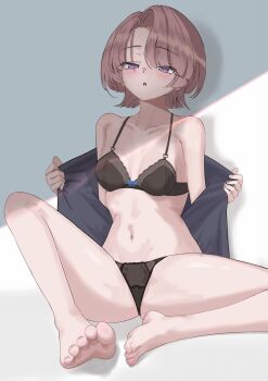 1girl arimura_mao barefoot blush bra brown_hair feet gakuen_idolmaster highres idolmaster isanaisana looking_at_viewer medium_hair panties parted_lips purple_eyes soles toes underwear