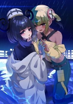 2girls after_kiss aqua_hair aqua_pants black_dress black_hair black_pants blonde_hair blue_gloves blunt_bangs blush bob_cut canari_(pokemon) coat crop_top dark-skinned_female dark_skin dress eyelashes gloves gradient_hair gwynn_(pokemon) hand_on_another&#039;s_chin hat highres interlocked_fingers long_sleeves looking_at_another multicolored_hair multicolored_nails multiple_girls navel nintendo off_shoulder open_mouth pants pokemon pokemon_legends:_z-a purple_eyes purple_hair saliva saliva_trail short_hair split-color_hair trap_(drthumt) two-tone_nails two-tone_pants white_coat yuri