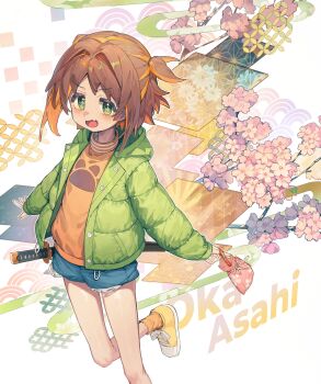 Rule 34 | 1girl, :d, absurdres, ap04astral, bag, bare legs, blue shorts, brown hair, character name, cherry blossoms, commentary, down jacket, fang, foot out of frame, green eyes, green jacket, hair intakes, hashtag-only commentary, highres, hood, hood down, hooded jacket, jacket, katana, light blush, long sleeves, looking at viewer, multicolored hair, oka asahi, onii-chan wa oshimai!, open mouth, orange hair, orange socks, orange sweater, sheath, sheathed, shoes, short hair, short shorts, shorts, skin fang, sleeves past wrists, smile, socks, solo, star-shaped pupils, star (symbol), sweater, sword, symbol-shaped pupils, turtleneck, turtleneck sweater, two-tone hair, two side up, weapon, yellow shoes