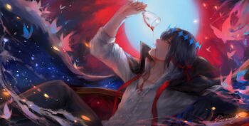 1boy absurdres alcohol black_cape black_hair black_pants blue_butterfly blue_eyes bug butterfly cape collarbone collared_cape commentary drinking english_commentary fate/grand_order fate_(series) full_moon high_collar highres insect long_sleeves looking_at_viewer male_focus moon necktie oberon_(fate) oberon_(third_ascension)_(fate) open_mouth pants red_ribbon renrenka_noi ribbon shirt short_hair solo undone_necktie upper_body vampire_costume white_shirt wine