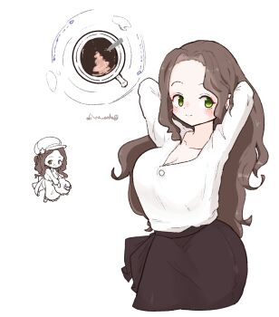 1girl arms_behind_head black_skirt blush breasts brown_hair chibi chibi_inset cleavage closed_mouth coffee coffee_mug commentary_request cropped_legs cup doodle_inset forehead green_eyes highres large_breasts long_hair looking_at_viewer mitsuha-chan_(olto_rondo) mug multiple_views olto_rondo original shirt simple_background skirt smile spoon tareme white_background white_shirt