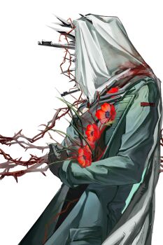 Rule 34 | 1boy, absurdres, black gloves, blue coat, charon (reverse:1999), coat, commentary request, covered face, flower, from side, gloves, hand up, highres, male focus, poppy (flower), red flower, reverse:1999, siver, solo, thorns, upper body, veil, white background, white veil