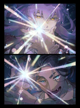 2boys black_hair bracelet bright_pupils closed_mouth commentary_request earrings fiz_breakfast glowing green_eyes hand_on_own_wrist hand_up highres jewelry leon_(pokemon) long_hair male_focus multiple_boys nintendo open_mouth pokemon pokemon_swsh purple_hair raihan_(pokemon) ring smile teeth white_pupils yellow_eyes