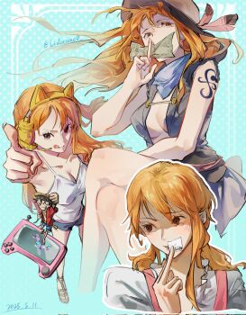 1boy 1girl 2025 alternate_costume animal_ear_headphones animal_ears arm_up bandana banknote bare_legs bare_shoulders blue_bandana blue_shorts breasts brown_eyes brown_hat camisole cat_ear_headphones cat_ears cleavage commentary_request crossed_legs dated fake_animal_ears feet_out_of_frame floating_hair frilled_shirt frills game_console grin hat hat_feather headphones headset highres holding holding_money holding_paper index_finger_raised lidocaine0 long_hair looking_at_viewer low_twintails medium_breasts money monkey_d._luffy multiple_views nami_(one_piece) nami_(one_piece)_(whole_cake_island) official_alternate_costume one_piece open_clothes open_shirt orange_hair paper red_shirt sandals shirt short_shorts shorts shoulder_tattoo single_sidelock sleeveless sleeveless_shirt smile spaghetti_strap straw_hat tattoo tongue tongue_out twintails twitter_username upper_body white_camisole white_shirt