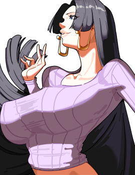 1girl black_hair blue_eyes boa_hancock breasts crop_top earrings from_below gold_earrings hand_up hard.d highres jewelry large_breasts one_piece pink_lips purple_shirt shirt snake_earrings white_background