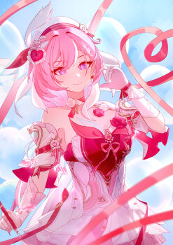 1girl absurdres balloon bare_shoulders beret blue_sky breasts chinese_commentary commentary_request dress earrings elf elysia_(hi_love_elf)_(honkai_impact) elysia_(honkai_impact) gloves hair_ribbon hat heart heart_earrings highres holding_ribbon_baton honkai_(series) honkai_impact_3rd jewelry large_breasts looking_at_viewer multicolored_hair pink_hair pointy_ears purple_eyes red_dress ribbon shiyan_w short_hair sky smile solo two-tone_hair white_dress white_gloves white_hair