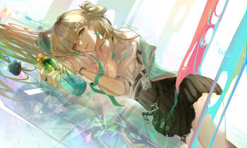 1girl absurdres black_nails black_skirt blonde_hair braid braided_bangs breasts cleavage commentary_request different_reflection dual_persona earrings emoji green_necktie hair_between_eyes hair_ornament headphones highres id_card jewelry large_breasts long_hair looking_at_viewer lying lynae_(wuthering_waves) mole nail_polish necktie parted_lips partial_commentary pomi_(poan_dan) purple_eyes reflection shirt shirt_tucked_in skirt skull_hair_ornament smile solo star_(symbol) star_earrings white_shirt wuthering_waves