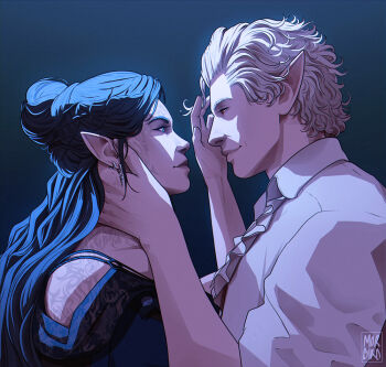 Rule 34 | 1boy, 1girl, astarion, baldur's gate, baldur's gate 3, blue background, blue eyes, blue hair, couple, dungeons & dragons, dungeons &amp; dragons, earrings, eye contact, hetero, jewelry, long hair, looking at another, morbird art, poet shirt, pointy ears, red eyes, short hair, tav (baldur's gate), upper body, wavy hair, white hair