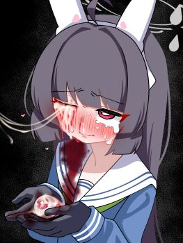 1girl ahoge animal_ears black_background black_gloves black_hair bleeding blood blood_on_clothes blood_on_face blue_archive blue_shirt blush closed_mouth crying crying_with_eyes_open cum cum_in_eye cum_on_body cum_string ero_guro eyeball facial fake_animal_ears gloves grey_halo guro halo heart highres holding holding_eyeball long_hair long_sleeves miyu_(blue_archive) rabbit_ears red_eyes sailor_collar shirt smile solo tears teeth tomi8tky upper_teeth_only white_sailor_collar