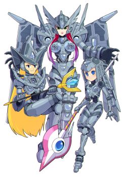 3girls android berkana_(mega_man) blonde_hair blue_eyes breasts commentary_request exposed_internal_machinery fairy_leviathan_(mega_man) ferham_(mega_man) flat_chest full_body green_eyes hat helmet holding holding_polearm holding_staff holding_weapon hypericum_(mppv1862) in-franchise_crossover joints large_breasts long_hair looking_at_viewer mechabare mechanical_hair mechanical_wings medium_breasts mega_man_(series) mega_man_x:_command_mission mega_man_x_(series) mega_man_xtreme_2 mega_man_zero_(series) multiple_girls parted_lips polearm red_hair robot_joints spear staff very_long_hair weapon white_background wings witch_hat