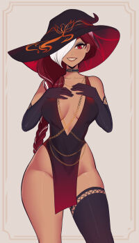 1girl ater18 bare_shoulders black_choker black_dress black_gloves black_thighhighs braid breasts choker collarbone commentary dark-skinned_female dark_skin dress elbow_gloves face_piercing gloves grin groin highres large_breasts long_hair no_panties nose_piercing original piercing red_dress red_eyes red_hair shiny_clothes single_thighhigh smile teeth thighhighs white_hair