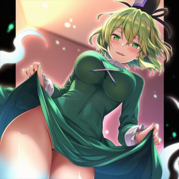 1girl black_hat blurry blurry_background blush breasts clothes_lift cross-laced_clothes dress dress_lift green_dress green_eyes green_hair hat indoors large_breasts no_panties okasa_re_taii open_mouth pillarboxed pulling_own_clothes short_hair smile soga_no_tojiko solo tate_eboshi teeth thighs touhou upper_teeth_only