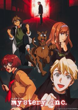 2girls 3boys animification black_serafuku blonde_hair blood bloody_weapon brown_hair cardigan cioccolatodorima collar daphne_blake dog english_text facial_hair fox_mask freckles fred_jones gakuran glasses highres holding holding_knife knife mask mixed-language_text multiple_boys multiple_girls orange_hair red_hair sailor_collar school_uniform scooby-doo scooby-doo_(character) serafuku shaggy_rogers shoes sneakers stubble velma_dinkley weapon