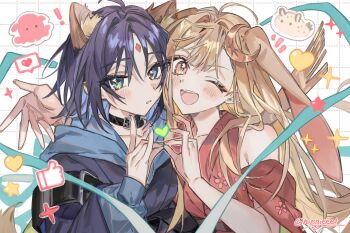 ! 2girls ;d ahoge animal_ears aqua_eyes belt_collar blonde_hair blue_hair blue_nails blush cheek-to-cheek chou_kaguya-hime! collar commentary crescent crescent_hair_ornament facial_mark floppy_ears forehead_mark fox_ears fox_shadow_puppet hair_ornament heads_together heart highres kaguya_(chou_kaguya-hime!) looking_at_viewer multiple_girls nail_polish nienieeel one_eye_closed open_mouth pink_eyes pink_nails rabbit_ears sakayori_iroha smile sparkle star_(symbol) twitter_username upper_body