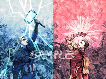 2boys animification arc_reactor arm_up armor avengers:_endgame avengers_(series) belt blonde_hair blue_background blue_bodysuit blue_eyes bodysuit brown_belt brown_gloves brown_hair captain_america closed_eyes closed_mouth commentary english_commentary facial_hair fingerless_gloves full_armor gloves highres holding holding_weapon infinity_gems iron_man lightning looking_up male_focus marvel marvel mjolnir_(marvel) multicolored_armor multiple_boys pocket power_armor red_armor red_background short_hair standing star_(symbol) steve_rogers superhero_costume tony_stark vertical-striped_bodysuit watermark weapon xxviolet yellow_armor