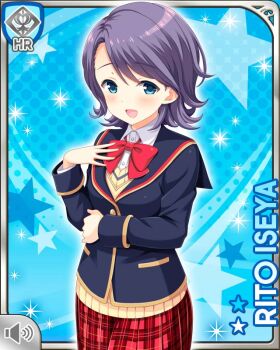 1girl arm_under_breasts blue_background blue_eyes bow bowtie card_(medium) cardigan character_name girlfriend_(kari) iseya_rito jacket looking_at_viewer official_art plaid_clothes plaid_skirt pleated_skirt purple_hair qp:flapper red_bow red_bowtie red_skirt school_uniform shirt skirt smile solo standing white_shirt yellow_cardigan