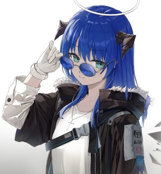 1girl absurdres arknights black_horns blue-tinted_eyewear blue_hair chinese_commentary closed_mouth commentary_request cross cross_necklace fur_trim gloves green_eyes halo highres horns jewelry latin_cross long_hair long_sleeves looking_at_viewer mostima_(arknights) necklace round_eyewear smile solo tinted_eyewear tokiyanagi traditional_halo upper_body white_gloves white_halo