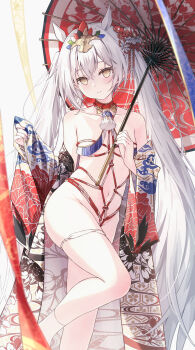 1girl absurdres animal_ears bdsm blush bondage bound brown_eyes closed_mouth commentary_request daidai_(daidai826) feet_out_of_frame flat_chest flower hair_flower hair_ornament highres holding holding_umbrella horse_ears japanese_clothes kimono legs_up long_hair long_sleeves looking_at_viewer multicolored_kimono naked_kimono navel oil-paper_umbrella original shibari simple_background smile socks solo standing standing_on_one_leg tassel thigh_strap twintails umbrella very_long_hair white_background white_flower white_hair white_socks wide_sleeves