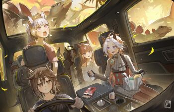 +_+ 6+girls ahoge animal_ears bag beanie black_gloves black_hair black_shirt blue_eyes blunt_bangs blush bow breasts brown_eyes brown_hair brown_hat brown_pantyhose can car car_interior casual closed_mouth commentary dinosaur dream_journey_(casual)_(umamusume) dream_journey_(umamusume) drink_can driving drowzzi ear_bow ear_covers ears_through_headwear english_commentary eyewear_strap fenomeno_(umamusume) food glasses gloves gold_ship_(umamusume) grey_hair grey_hat grey_shirt grey_skirt hair_between_eyes hair_ornament hat heart highres holding holding_can horse_ears horse_girl horse_tail leggings_under_skirt long_hair long_sleeves lucky_lilac_(umamusume) motor_vehicle multicolored_hair multiple_girls nakayama_festa_(umamusume) off-shoulder_sweater off_shoulder open_mouth orange_hair orfevre_(casual)_(umamusume) orfevre_(umamusume) own_hands_clasped own_hands_together pants pantyhose pillbox_hat pocky purple_bow purple_eyes red_shirt shirt short_hair short_sleeves side_ponytail sitting skirt smile soda_can sparkle stay_gold_(casual)_(umamusume) stay_gold_(umamusume) steering_wheel streaked_hair sweater tail two-tone_hair umamusume vest white_hair white_sweater window