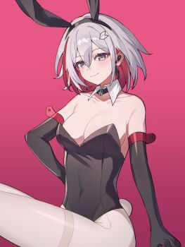 1girl animal_ears bare_shoulders blue_eyes blush breasts cleavage colored_inner_hair detached_sleeves earbuds earphones elbow_gloves gloves highres honkai:_star_rail honkai_(series) large_breasts looking_at_viewer multicolored_hair nanyi46293 pantyhose playboy_bunny rabbit_ears red_background red_hair sitting solo topaz_(honkai:_star_rail) white_hair