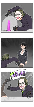 1boy 1girl alternate_universe bare_legs batman_(series) black_gloves black_hair breasts censored closed_mouth cowboy_shot dc_comics defeat dildo emphasis_lines facepaint formal_clothes gloves gradient_background green_hair hetero highres hotsaurus huge_breasts lying makeup parody pencil_skirt pussy_juice scar scar_on_face sequential sex_toy simple_background skirt suit table the_dark_knight the_joker trembling what wide_hips