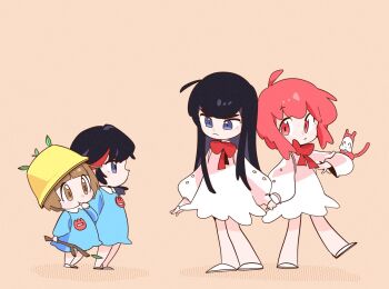 aged_down black_hair blue_eyes brown_eyes brown_hair child holding_hands jakuzure_nonon kill_la_kill kindergarten_uniform kiryuuin_satsuki leaf long_hair looking_at_another mankanshoku_mako matoi_ryuuko monkey multicolored_hair nnf_nnf_mon pink_background pink_eyes pink_hair red_hair school_uniform siblings sisters streaked_hair thumb_sucking time_paradox twig