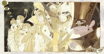 absurdres chinese_commentary commentary_request glasses highres kamoshida_suguru kaneshiro_junya kun_zhan_qishi madarame_ichiryuusai maruki_takuto mask okumura_shadow persona persona_5 persona_5_the_royal shadow_kamoshida shido_shadow smile yellow_background yellow_eyes