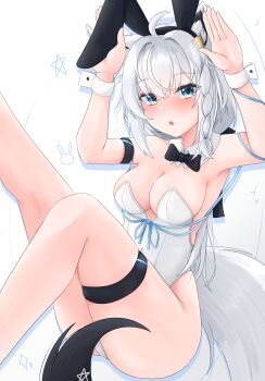 1girl absurdres ahoge animal_ear_fluff animal_ears arm_strap arms_up black_bow black_bowtie blue_eyes blue_ribbon blush bow bowtie braid breasts commentary_request detached_collar fake_animal_ears fang fox_ears fox_girl fox_tail hair_between_eyes highres hololive leotard long_hair looking_at_viewer medium_breasts open_mouth pentagram playboy_bunny rabbit_ears ribbon shirakami_fubuki sidelocks single_braid skin_fang solo st-147 tail thigh_strap virtual_youtuber white_hair white_leotard wrist_cuffs