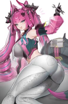 Rule 34 | 1girl, arknights, arknights: endfield, ass, black gloves, blue eyes, blue hair, breasts, commentary request, detached sleeves, dragon girl, dragon horns, dragon tail, fang, gloves, hair intakes, hair ornament, hairclip, holding, holding wrench, horns, large breasts, looking at viewer, multicolored hair, open mouth, pants, pink hair, pointy ears, sanzuitaroh, smile, solo, tail, twintails, white pants, wrench, yvonne (arknights)