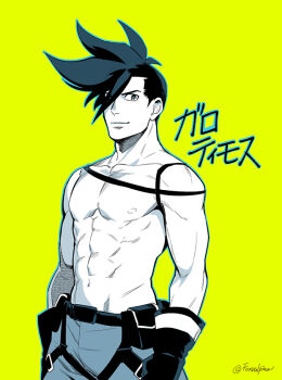 Rule 34 | 1boy, closed mouth, collarbone, commentary request, foxvulpine, galo thymos, gloves, green background, greyscale with colored background, high contrast, male focus, nipples, pants, pectorals, promare, simple background, solo, spiked hair, topless male, undercut