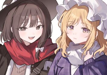 2girls :d black_coat black_hat blonde_hair bow brown_eyes brown_hair brown_sweater closed_mouth coat hair_bow hat hat_bow long_hair long_sleeves looking_at_viewer maribel_hearn medium_hair mob_cap multiple_girls open_mouth purple_coat red_scarf sarukana scarf simple_background smile sweater teeth touhou upper_body upper_teeth_only usami_renko white_background white_bow white_hat white_scarf yellow_eyes