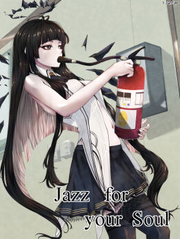 1girl 3_iq_tuna antenna_hair arknights artist_name ascot bare_arms bare_shoulders black_ascot black_eyes black_garter_straps black_hair black_halo black_skirt black_thighhighs black_wings blunt_bangs breasts bright_pupils broken_halo collared_jacket colored_inner_hair commentary covered_mouth cowboy_shot dark_halo detached_wings dutch_angle energy_wings english_commentary english_text eyelashes fingernails fire_extinguisher from_side garter_straps grey_hair hallway halo hands_up highres hime_cut holding indoors jacket jazz_for_your_soul_(meme) large_variant_set long_hair looking_afar looking_ahead medium_breasts meme midriff miniskirt multicolored_hair navel pale_skin pleated_skirt self-harm shade shadow short-sleeved_jacket short_sleeves sidelocks skirt solo standing stomach thighhighs twitter_username two-tone_hair variant_set very_long_hair virtuosa_(arknights) walking wall wallpaper_(object) white_jacket white_pupils wing_collar wings you're_doing_it_wrong zettai_ryouiki