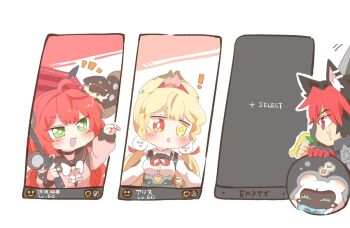 ! 1boy 2girls :d :o alice_thymefield animal_ear_fluff animal_ears bangboo_(zenless_zone_zero) black_sailor_collar blonde_hair blush bow bowtie bright_pupils chibi chibi_only collared_shirt commentary_request dog_boy dog_ears hair_ornament hand_up heterochromia kamanosuke_(zenless_zone_zero) komano_manato long_hair long_sleeves low_twintails multiple_girls musical_note open_mouth pink_sweater rabbit_ears rebecca_(keinelove) red_eyes red_hair sailor_collar scar scar_on_face shirt short_hair smile sphere_hair_ornament spook_shack_(zenless_zone_zero) sweater twintails ukinami_yuzuha user_interface white_bow white_bowtie white_pupils white_shirt yellow_eyes zenless_zone_zero