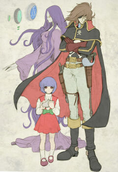 1980s_(style) 1boy 2girls alien belt black_boots boots crossed_arms dress energy_sword gun harlock harlock_saga holding_ocarina instrument matsumoto_leiji_(style) miime multiple_girls ocarina oldschool ooyama_mayu pirate pirate_costume purple_dress purple_hair retro_artstyle ribbon scar scar_on_face school_uniform skull skull_and_crossbones spacecraft sword tabe_koji uchuu_kaizoku_captain_harlock weapon window