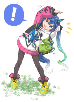 ! 1girl @_@ ahoge animal_ears aqua_hair black_jacket black_nails black_pantyhose blue_eyes blue_hair blunt_ends blush boots clothes_writing commentary_request crossed_bangs full_body gradient_hair grass green_hair green_sleeves hand_on_own_hip haniwa_(leaf_garden) heterochromia highres hood hood_down hooded_jacket horse_ears horse_girl horse_tail jacket long_hair long_sidelocks long_sleeves looking_at_viewer looking_to_the_side multicolored_hair multicolored_jacket nail_polish notice_lines open_mouth pantyhose pink_sleeves purple_eyes raglan_sleeves sharp_teeth sidelocks solo spoken_exclamation_mark stretching stuffed_animal stuffed_rabbit stuffed_toy tail teeth twin_turbo_(blast_mode!_turbo_engine)_(umamusume) twin_turbo_(umamusume) twintails umamusume v-shaped_eyebrows very_long_hair white_jacket yellow_boots