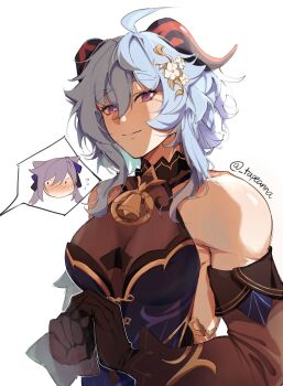 Rule 34 | 2girls, ahoge, bare shoulders, black dress, black gloves, blue hair, blush, breasts, commentary, detached sleeves, dress, ganyu (genshin impact), ganyu (twilight blossom) (genshin impact), genshin impact, gloves, hair ornament, highres, horns, keqing (genshin impact), looking at viewer, medium breasts, multiple girls, muscular, muscular female, nose blush, official alternate costume, purple eyes, purple hair, short hair, simple background, sleeveless, sleeveless dress, smile, tapeanna, twintails, upper body, white background, yuri