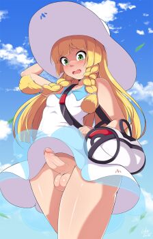 1futa arm_up bag blue_sky blush braid breasts cloud day dress embarrassed erection exlic from_below futanari green_eyes hat highres lillie_(pokemon) long_hair nintendo no_panties open_mouth penis pokemon pokemon_sm skirt sky sleeveless sleeveless_dress small_breasts solo testicles thighs twin_braids uncensored underwear upskirt wavy_mouth white_dress wind wind_lift