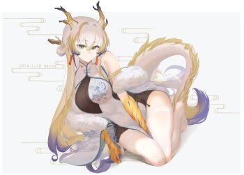 1girl absurdres alternate_costume arknights artist_name bare_arms bare_shoulders blonde_hair breasts chinese_clothes chinese_commentary closed_mouth colored_extremities commentary_request covered_navel dated double-parted_bangs dragon_girl dragon_horns dragon_tail dress earrings full_body green_eyes grey_background hair_between_eyes hand_between_thighs highres horns jewelry large_breasts long_sidelocks multicolored_hair no_shoes purple_hair purple_streaks sarea_(sarea2020) see-through_cleavage see-through_clothes shu_(arknights) sidelocks simple_background sleeveless solo tail thighhighs thighs white_background white_dress white_hair white_thighhighs yellow_hands yellow_horns
