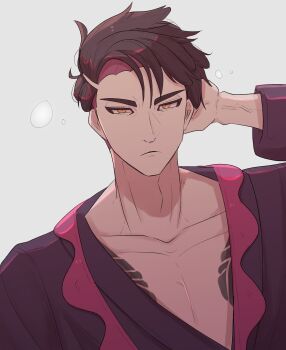 1boy arm_behind_head bare_pectorals closed_mouth collarbone commentary_request corbeau_(pokemon) frown grey_background highres jinn_kunnn long_sleeves looking_at_viewer male_focus nintendo parted_hair pectorals pokemon pokemon_legends:_z-a purple_hair robe short_hair solo tattoo yellow_eyes