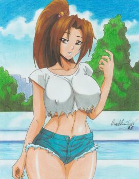 1girl 2025 absurdres blue_sky breasts brown_eyes brown_hair casual cloud covered_erect_nipples cutoffs denim denim_shorts female_focus highres large_breasts legs long_hair looking_at_viewer matching_hair/eyes midriff navel no_bra outdoors parted_lips ponytail pool ravernclouk_design shiny_skin shiranui_mai shirt shorts signature sky solo standing thick_thighs thighs torn_clothes torn_shirt tree unbuttoned underboob white_shirt