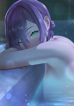 1girl absurdres blush breasts chainsaw_man green_eyes hair_between_eyes hair_bun highres jsz_ta2 large_breasts looking_at_viewer nude partially_submerged pool poolside purple_hair reze_(chainsaw_man) solo