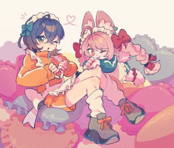 2girls alternate_costume animal_ear_fluff animal_ear_piercing animal_ears animal_feet ankle_ribbon antenna_hair apron belle_(zenless_zone_zero) blue_hair braid braided_twintails bright_pupils commentary_request crossed_bangs four-finger_heart_hands frilled_pillow frills furry furry_female green_eyes green_shirt grey_shoes hair_between_eyes hand_on_another's_knee heart heart-shaped_pillow heart_hands highres jacket leg_ribbon long_hair looking_at_viewer maid_apron maid_headdress multiple_girls one_eye_closed open_mouth orange_jacket orange_shorts pillow pink_fur pink_hair rabbit_ears rabbit_girl red_eyes ribbon shirt shoes short_eyebrows short_hair shorts sneakers thick_eyebrows ukata white_apron white_pupils zenless_zone_zero zhao_(zenless_zone_zero) zipper zipper_pull_tab
