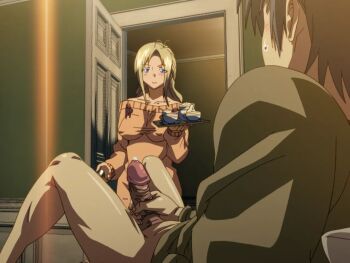 1boy 1girl 2010s 2011 age_difference blonde_hair blue_eyes breasts caught_masturbating covered_erect_nipples game_cg jellyfish_(company) kamimura_akiko keisuke_(sisters) kouzaka_kouhei large_breasts older_female_and_younger_male opening opening_door penis premature_ejaculation sisters_~natsu_no_saigo_no_hi~ stepmother_and_stepson taki_minashika uncensored